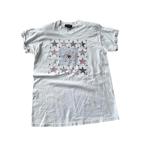 P.G.B. Tops - Vintage PGB Americana Stars Crochet Studded T-Shirt White Womens Small USA Made